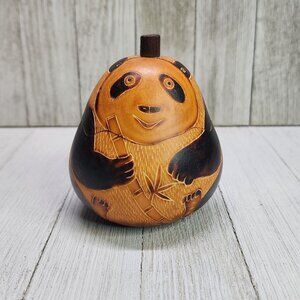 Vintage Panda Bear Gourd Shaker Trinket Coin Holder Hand Carved/Painted 4'' Tall
